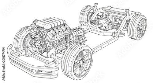 Detailed technical illustration showcases a car chassis featuring the engine, transmission, and suspension system, rendered in a precise line drawing style against a clean white background