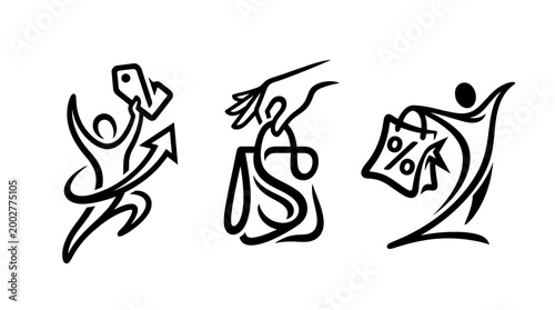 Abstract Line Art Depicting Shopping, Sales, and Commerce Concepts.