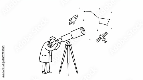 Scientist looking through telescope at space