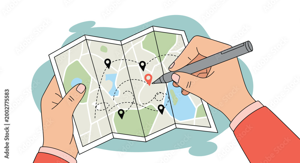 Obraz premium Person holding and marking a folded map with a pen indicating a travel route with various location pins and paths in a flat style.