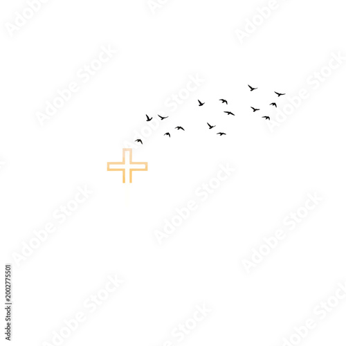 A glowing golden cross symbol with a flock of birds flying away into the distance