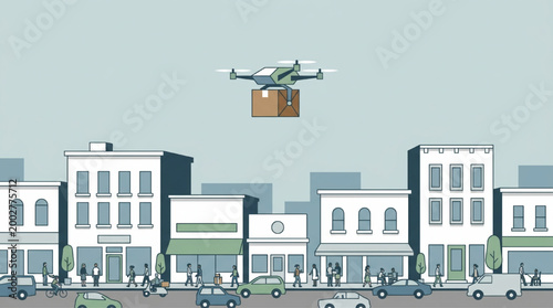 Drone delivery service in a busy city street scene