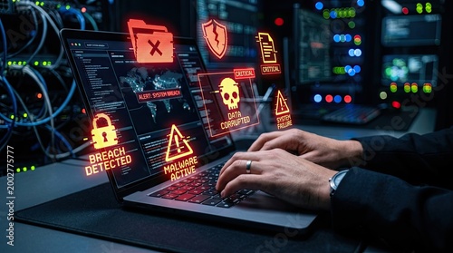Cybersecurity expert working on laptop with holographic security icons.