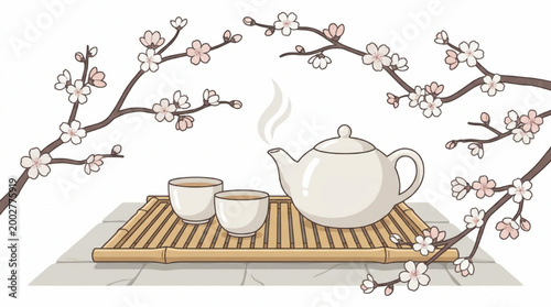 Illustration of traditional tea ceremony set with cherry blossom branches