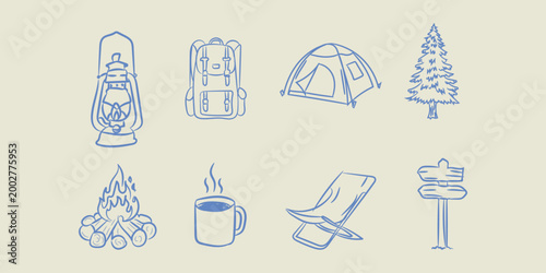 Camping icon set hand drawn doodle vector illustration outdoor adventure travel collection simple outline design