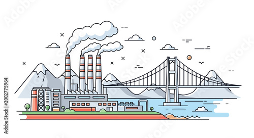 Line art illustration of an industrial power plant with smoking chimneys located near a bridge and snow-capped mountains.
