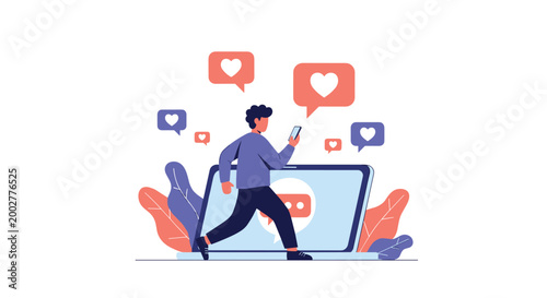 Social media marketing concept with a man holding a phone walking in front of a giant laptop with heart like icons.