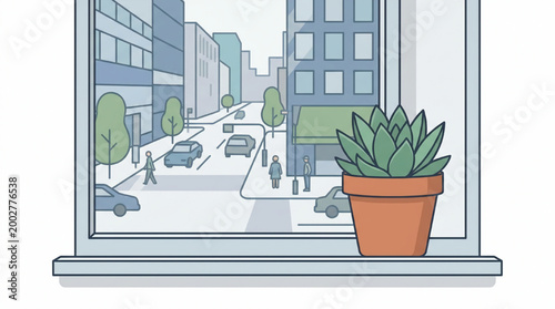 View from a window of a city street with a houseplant