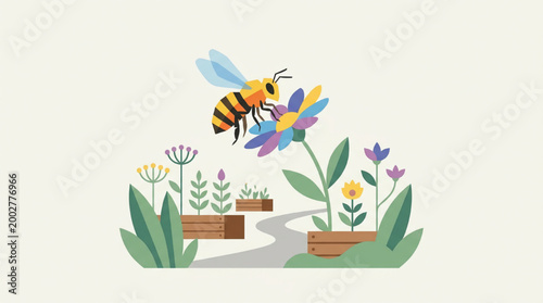 Bee pollinating a flower in a garden