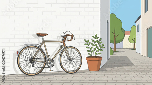 Vintage road bicycle parked on a cobbled street