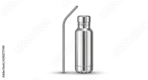 Stainless steel water bottle and reusable metal straw isolated on white