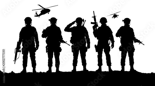 A group of armed USA military soldier at war with weapon. Veteran army or warrior in attack with helicopter. American independence or memorial day silhouette background. Commando officer salute icon.
