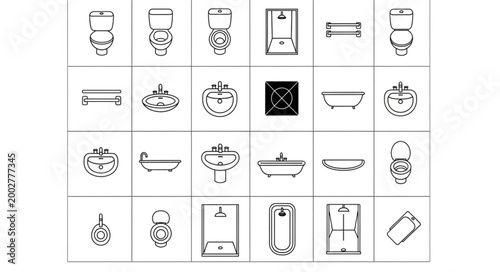 Collection of bathroom fixture icons in a grid layout.