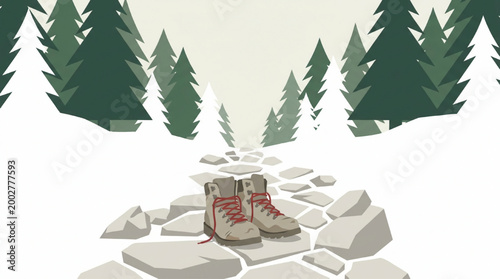 Pair of hiking boots on a stone path in a snowy forest