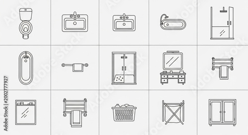 Collection of bathroom furniture and accessories line art icons.