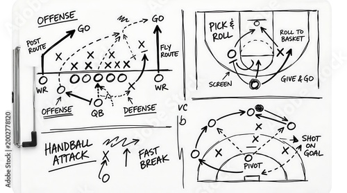 Hand drawn football play diagrams and strategy sketches.