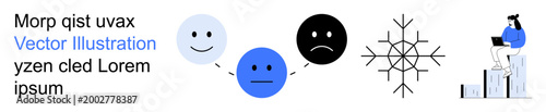 Emotional expression, digital communication, personality traits, corporate growth, freelance work, winter concepts. happy faces, snowflake motif person at laptop on bar graph. Emotional expression