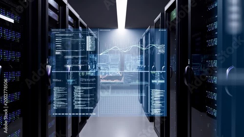High-tech data center with digital analytics and server racks. Represents the backbone of modern technology and data management