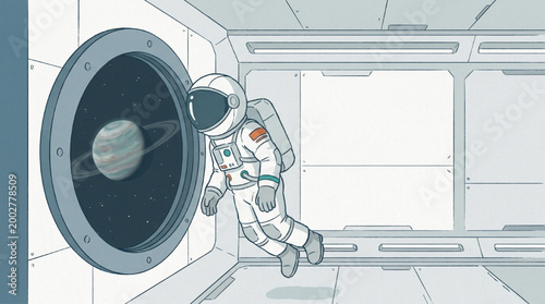 Astronaut looking through space station window at planet