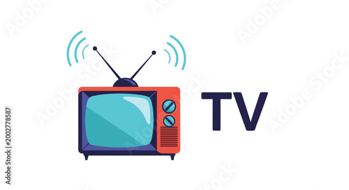 Retro style television set with antennas emitting signal waves next to the large text letters spelling out TV.