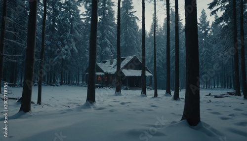 Snowy Forest Scene with Cabin in Winter Landscape with Tall Trees and Snow Cover