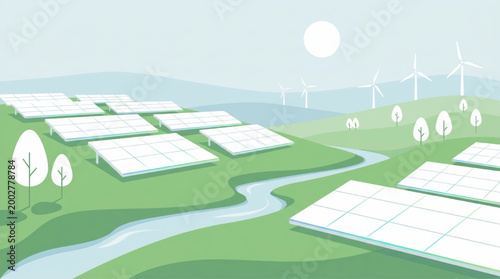 Illustration of sustainable solar and wind energy farm