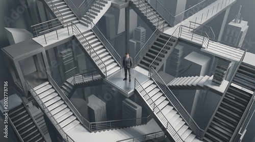 Intricate Crisscrossing Staircases Inside Glass Atrium.