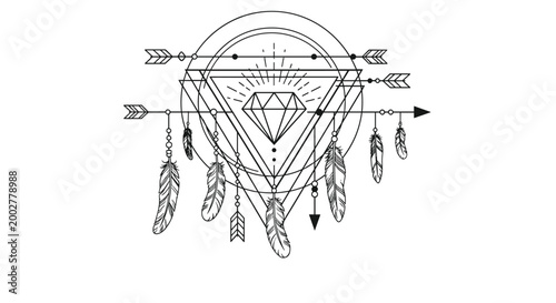 Intricate geometric dreamcatcher design featuring a central diamond within triangles, crossing arrows, and hanging feathers.