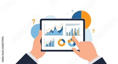 Close up of businessman hands holding a digital tablet displaying various financial growth charts and analytical data.