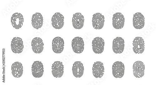 Set of various human fingerprint patterns in black ink on a white background for identification, forensic science, and security purposes.