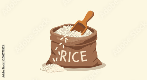 Large open brown sack overflowing with white rice grains featuring a wooden scoop tucked inside on a simple warm background.