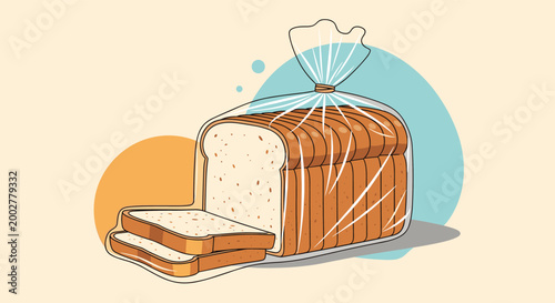 Sliced loaf of white sandwich bread inside a clear plastic bag with two slices lying in front on a colorful background.