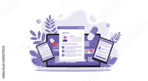 Digital healthcare platform on laptop and tablets displaying electronic medical records with floating capsule pills.