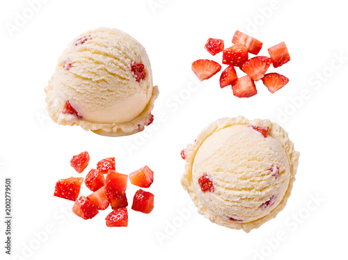 Tablou pe pânză Two scoops of creamy strawberry ice cream alongside fresh diced strawberries