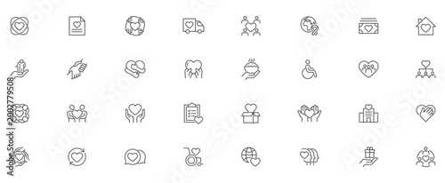 Charity and Volunteering Editable Icons set. Vector illustration in modern thin line style of philanthropic icons: almsgiving, helping those in need, donation, contribution, humanism, altruism.