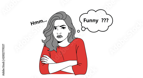Thoughtful woman with grey hair and a red shirt standing with crossed arms while pondering and questioning humor or irony.