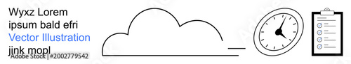Cloud technology, productivity tools, time tracking, task management, digital systems, efficiency. Minimalist cloud, stopwatch checklist. Cloud computing and productivity tools