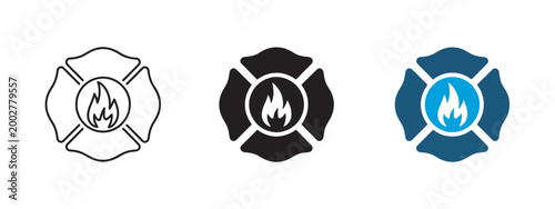 Fire department badge icon classic four petal symbol of fire station firefighter emergency safety hazard sign representing protection rescue and service emblem design