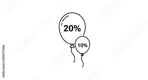 Minimalist illustration of two white balloons with black outlines displaying twenty and ten percent discount symbols for sales.