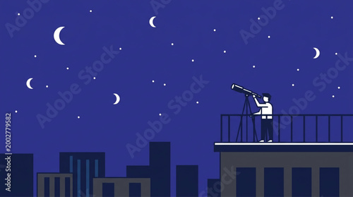 Person observing night sky with telescope on rooftop