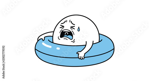 Sad white blob character sweating and crying while floating in a blue inner tube on a white background, suggesting fear of water.