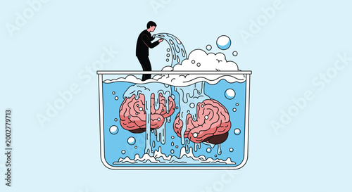 Conceptual illustration of a man pouring water from his hands over two brains submerged in a clear tank to wash them.