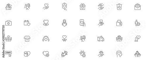 Charity and Volunteering Editable Icons set. Vector illustration in modern thin line style of philanthropic icons: almsgiving, helping those in need, donation, contribution, humanism, altruism.