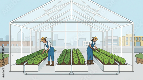 Urban farmers cultivating organic vegetables in a rooftop greenhouse