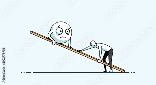 Two minimalist human figures balancing on a long wooden plank over a thin horizontal line on white background.