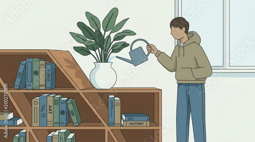A man watering a potted plant in a room with a bookshelf