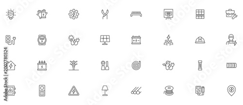 ELECTROMAGNETISM Line Editable Icons set. Vector illustration in modern thin line style of electrical energy related icons: electricity meter, electric cable, electrical panel, and more.
