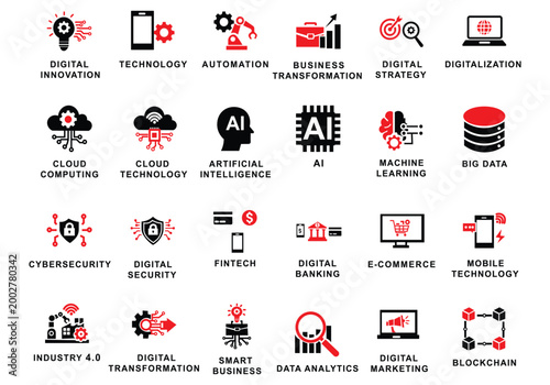 Digital transformation and innovation icon set featuring automation, industry 4.0, AI, cloud technology, blockchain, big data analytics, and smart business evolution symbols.