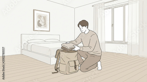 Man packing backpack for travel in bedroom