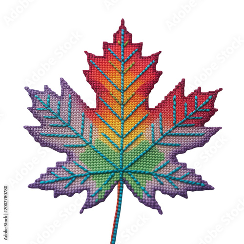vibrant cross-stitch embroidered rainbow maple leaf isolated on transparent background